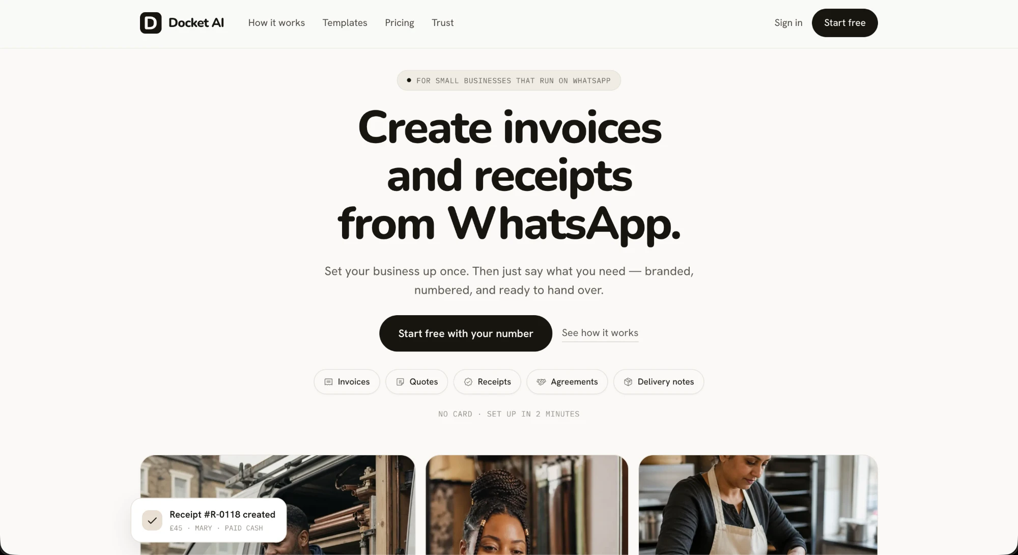Docket AI landing page: create invoices and receipts from WhatsApp